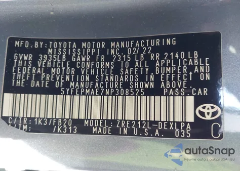 2022 Toyota Corolla Le z USA, uszkodzony, nr VIN 5YFEPMAE7NP308525